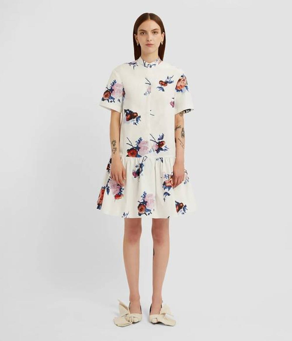 ERDEM Short Sleeve Mini Dress in Painted Rose Bouquet 6 NWT Quiet Luxury Coastal